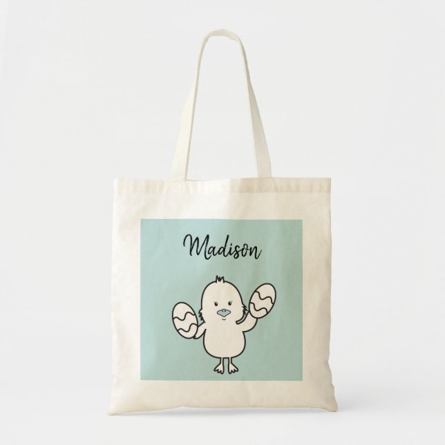 Pastel Blue Cute Easter Chick & Eggs Illustration  Tote Bag (Front)