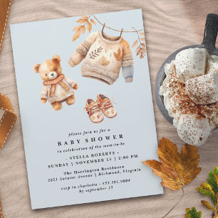 Pastel Blue Cute Modern Fall Baby Boy Shower Invitation