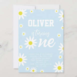 Pastel Blue Daisy 1st Birthday Party Boho White Invitation