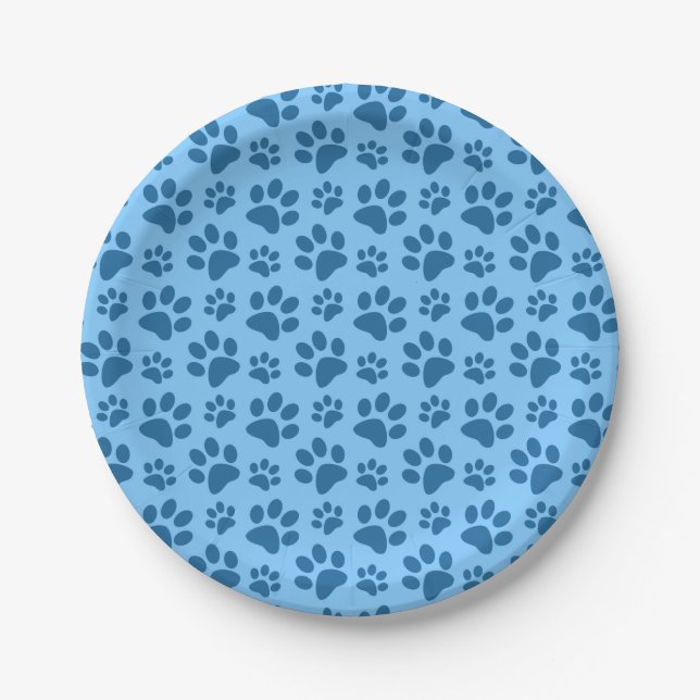 Pastel blue dog paw print pattern paper plate (Front)