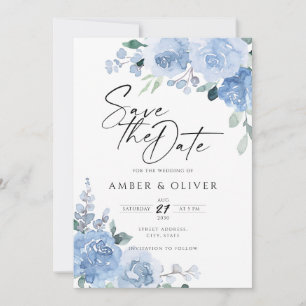 Pastel Blue Dusty Floral Light Boho Save The Date Invitation
