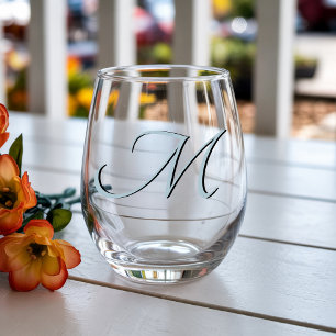 Pastel Blue Elegant Monogram Initial Letter Stemless Wine Glass