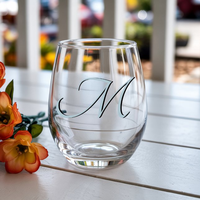 Pastel Blue Elegant Monogram Initial Letter Stemless Wine Glass (Creator Uploaded)
