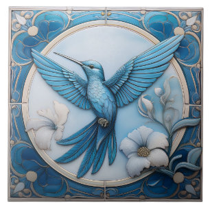 Pastel blue faux relief Art Nouveau Hummingbird L Tile