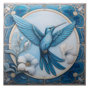 Pastel blue faux relief Art Nouveau Hummingbird R Tile