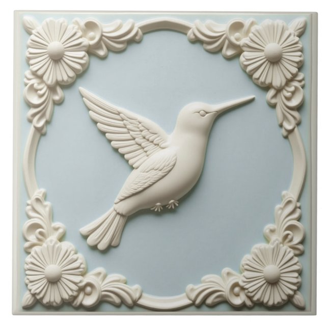 Pastel blue faux relief Art Nouveau Hummingbird  Tile (Front)