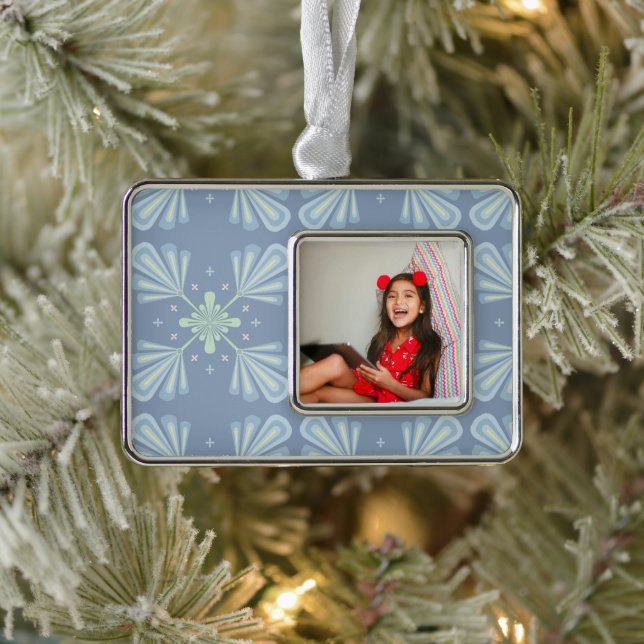 Pastel blue floral abstract repeat  silver plated framed ornament (Tree)