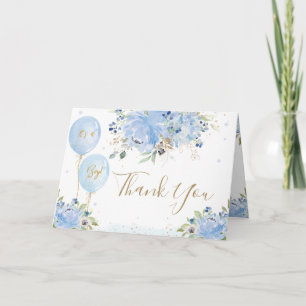 Pastel Blue Floral Balloons Gold Boy Baby Shower Thank You Card