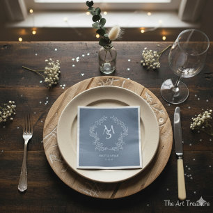 Pastel Blue Floral Crest Frame Elegant  Napkin