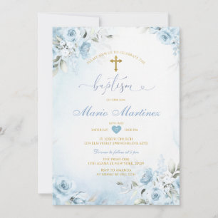Pastel Blue Floral Cute Boy Charro Mexican Baptism Invitation