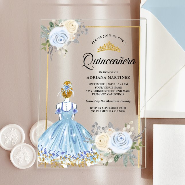 Pastel Blue Floral Dress Princess Gold Quinceanera Acrylic Invitations (Creator Uploaded)