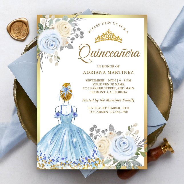Pastel Blue Floral Dress Princess Gold Quinceanera Invitation (Creator Uploaded)