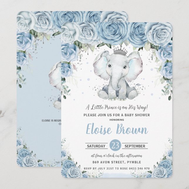 Pastel Blue Floral Elephant Prince Boy Baby Shower Invitation (Front/Back)