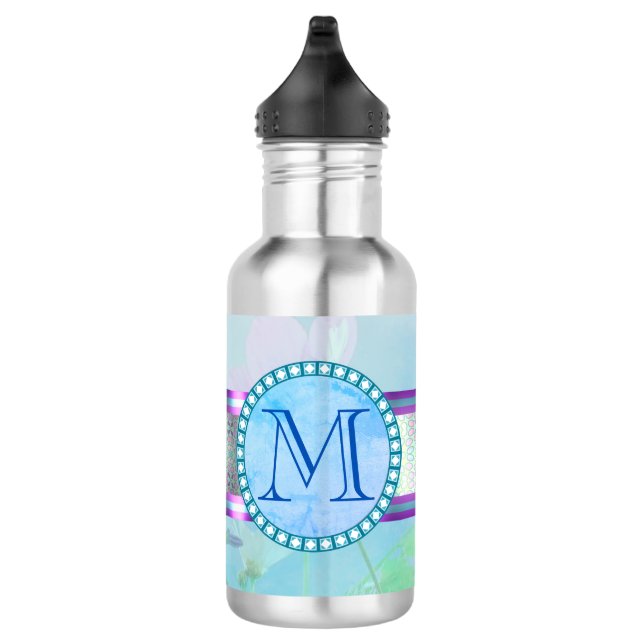 Pastel Blue Floral Monogram 532 Ml Water Bottle (Right)