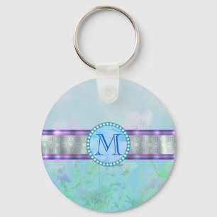 Pastel Blue Floral Monogram Key Ring