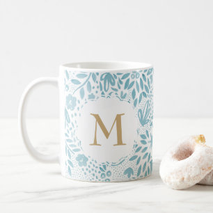 Pastel Blue Floral Pattern Monogram Coffee Mug