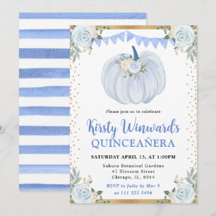 Pastel Blue Floral Pumpkin Fall Quinceañera Invitation