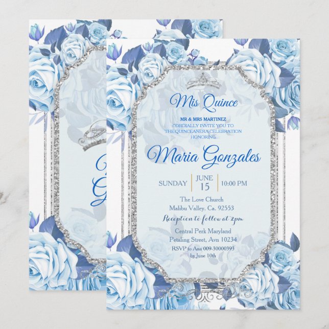 Pastel Blue Floral Roses Mis Quince Invitation (Front/Back)