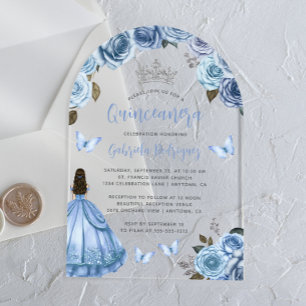 Pastel Blue Floral Roses Watercolor Quinceañera Acrylic Invitations