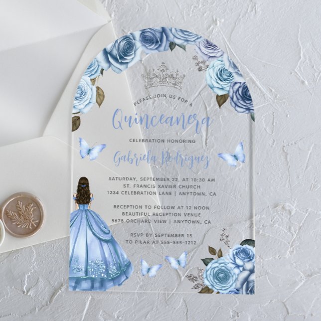 Pastel Blue Floral Roses Watercolor Quinceañera Acrylic Invitations (Creator Uploaded)