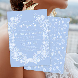 Pastel blue floral wreath ever after party wedding invitation