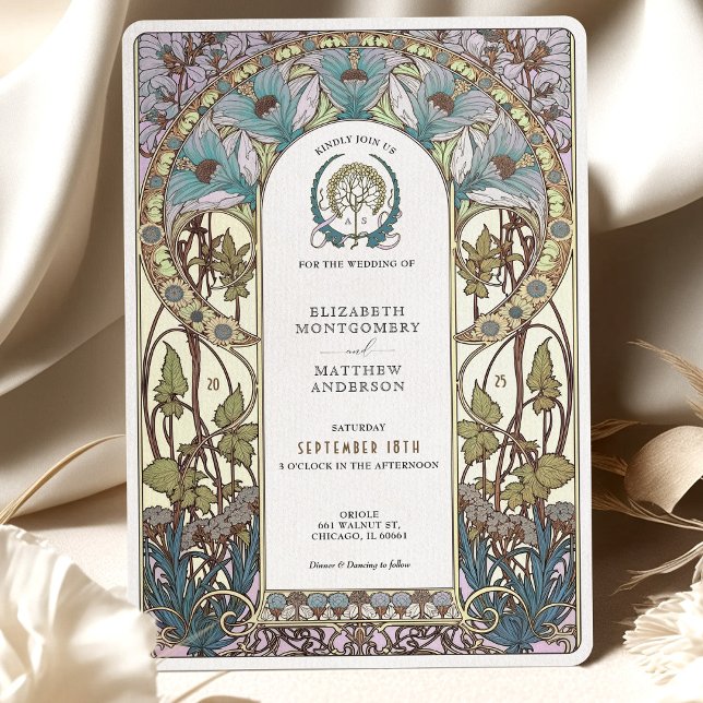 Pastel Blue Florals Art Nouveau Wedding Invitation (Creator Uploaded)