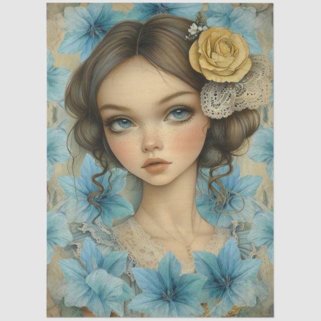 Pastel Blue Florals & Girl with Flower in Her Hair Tissue Paper (Front)