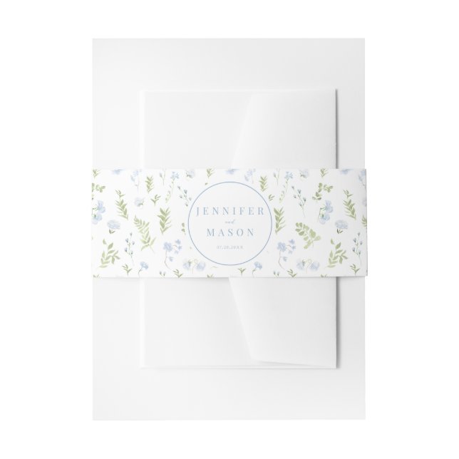 Pastel blue flower wedding invitation belly band (Front Example)