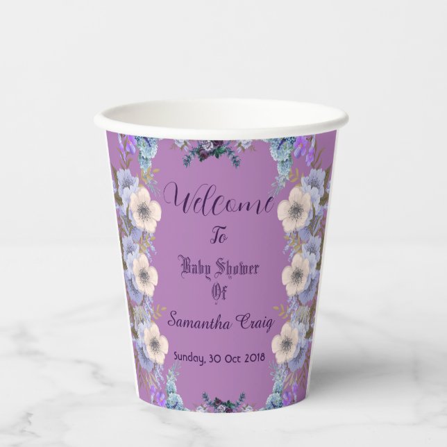 Pastel Blue Flowers Buds Purple Lilac Baby Shower  Paper Cups (Front)