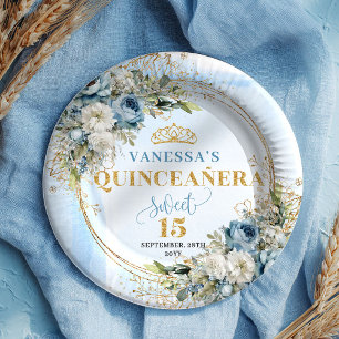 Pastel Blue Flowers Gold Custom Quinceañera Plates