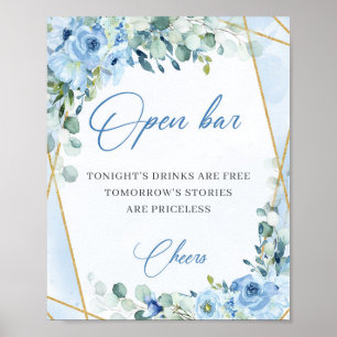pastel blue flowers gold frame eucalyptus open bar poster