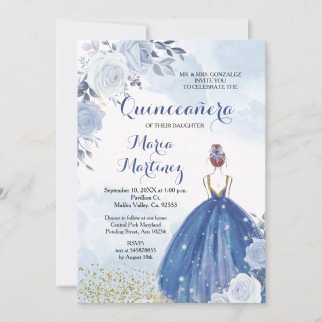 Pastel Blue Flowers Quinceañera Invitation (Front)