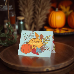 Pastel Blue Folk Art Pumpkin Thanksgiving Card