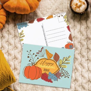 Pastel Blue Folk Art Pumpkin Thanksgiving Postcard