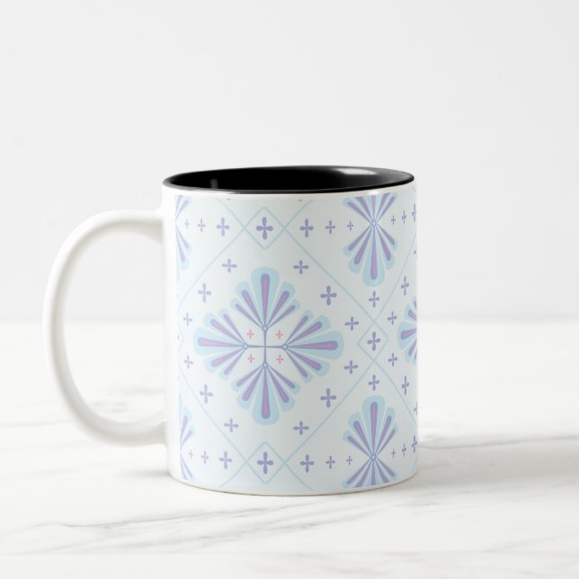 Pastel Blue Geometric Floral Pattern Two-Tone Coffee Mug (Left)