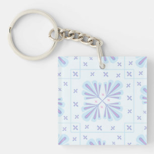 Pastel Blue Geometric Floral Repeat Pattern Key Ring