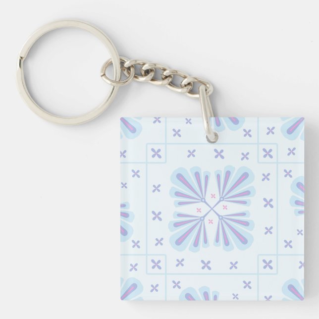 Pastel Blue Geometric Floral Repeat Pattern  Key Ring (Front)