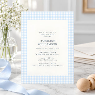 Pastel Blue Gingham Check Plaid Cute Baby Shower Invitation