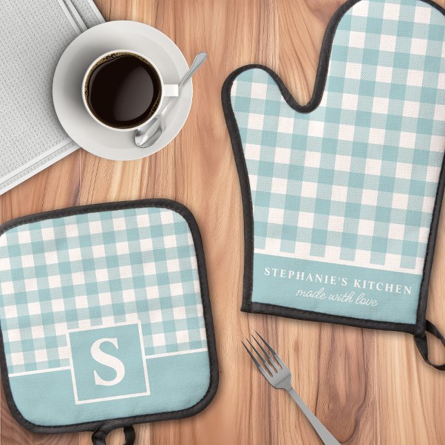 Pastel Blue Gingham Plaid Chequered Monogrammed Oven Mitt & Pot Holder Set (Creator Uploaded)