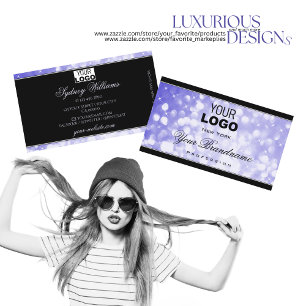 Pastel Blue Glitter Sparkle Stars with Logo Black Business Card