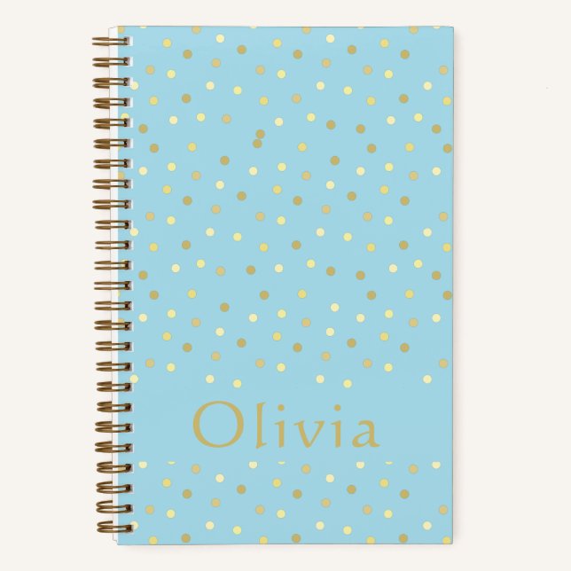 Pastel Blue Gold Confetti Dots Personalised Bullet Notebook (Front)