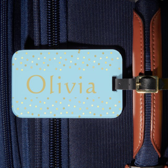 Pastel Blue Gold Confetti Dots Personalised Luggage Tag (Front Insitu 4)