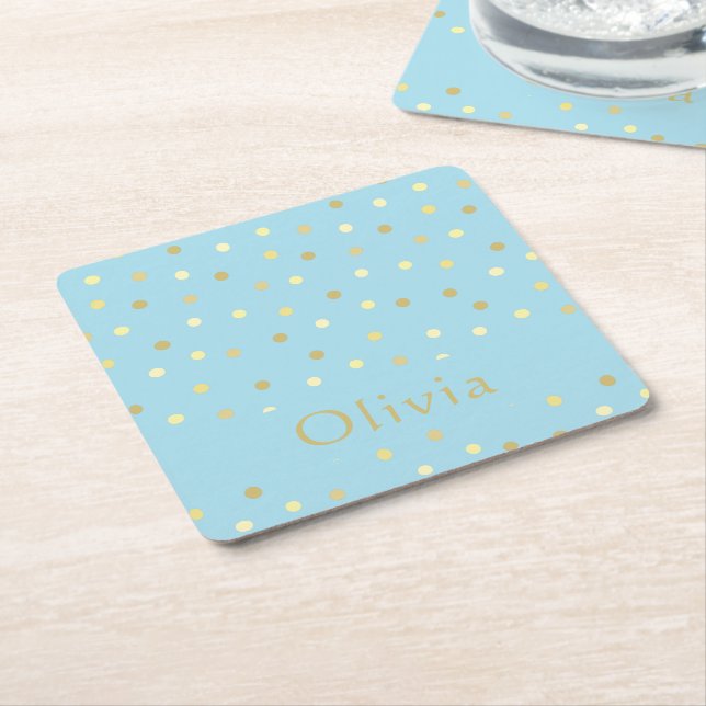 Pastel Blue Gold Confetti Dots Personalised  Square Paper Coaster (Angled)