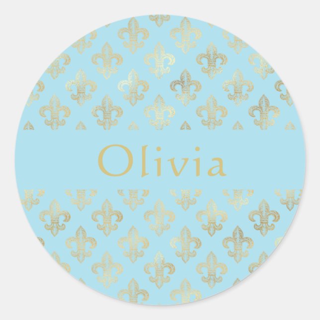 Pastel Blue Gold  Fleur De Lis Personalised  Classic Round Sticker (Front)
