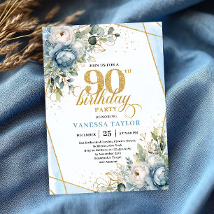 Pastel blue gold frame stylish floral 90 birthday invitation