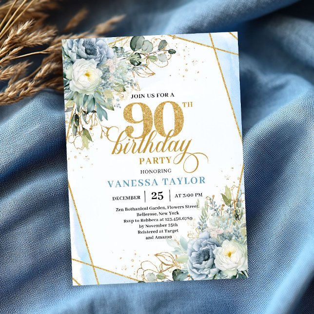 Pastel blue gold greenery luxe script 90 birthday invitation (Pastel blue gold greenery luxe script 90th birthday invite)