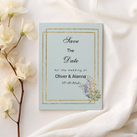 Pastel blue gold lavender pink flora Save The Date