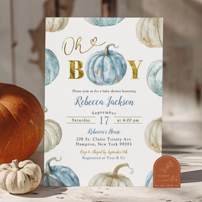 Pastel Blue Gold Oh Boy Pumpkin Baby Shower Invitation (Creator Uploaded)
