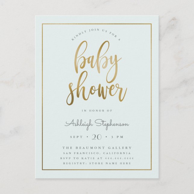 Pastel Blue & Gold Typography Boy Baby Shower Invitation Postcard (Front)