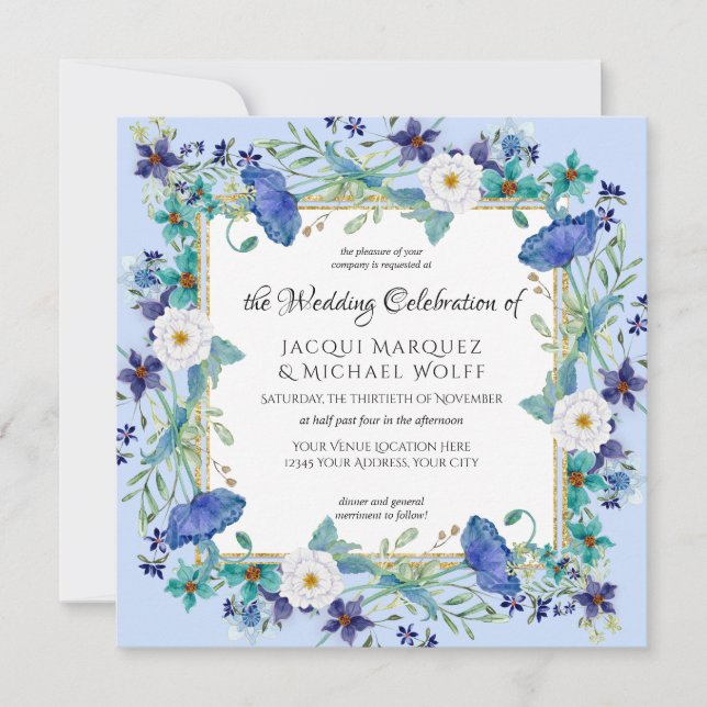 Pastel Blue Gold Watercolor Elegant Floral Wedding Invitation (Front)